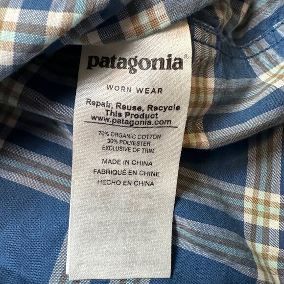Patagonia Organic Cotton Blue & Cream Plaid Short Sleeve Button Down Size Medium - Picture 6 of 6